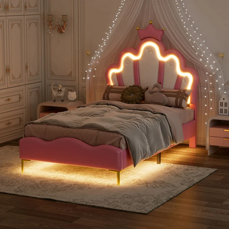 90*200cm Flaches Doppelbett, kronenförmiges Prinzessinnenbett, weiche Polsterung aus PU-Leder, verstellbarer LED-Umgebungslichtstreifen, Rosa – Bild 4