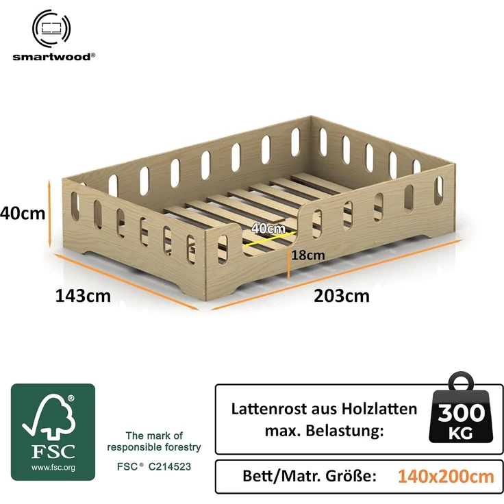 smartwood Kinderbett Bodenbett 140x200 mit Rausfallschutz & Lattenrost - Blau - Kinder Montessori Bett TILA 2L mit glatten Kanten - Betten für schnelle Montage - Bis 300 kg belastbar – Bild 2