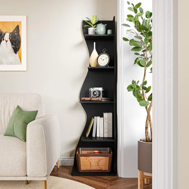 LITTLE TREE Bücherregal Ecke, Modernes Regal Schmal mit 6 Ebenen, 50 x 48 x 179 cm Bücherregal Holz, Standregal mit Wellen-Design für Kleine Räume, Wohnzimmer & Schlafzimmer, Schwarz, 2er Pack – Bild 5