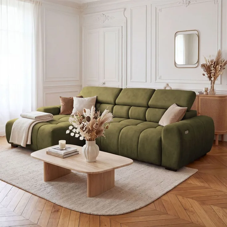 Ecksofa Schlafsofa VELUNIO RELAX in Stoff Salvador Olivgrün Ottomane Links