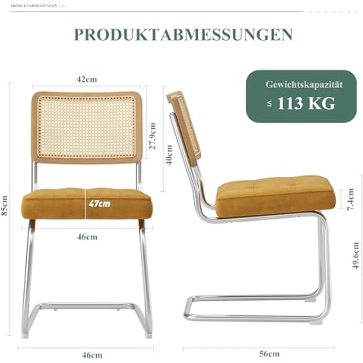 COLAMY Rattan Esstischstühle 2er Set, Samtbezug mit Metallgestell, Gelb – Bild 3
