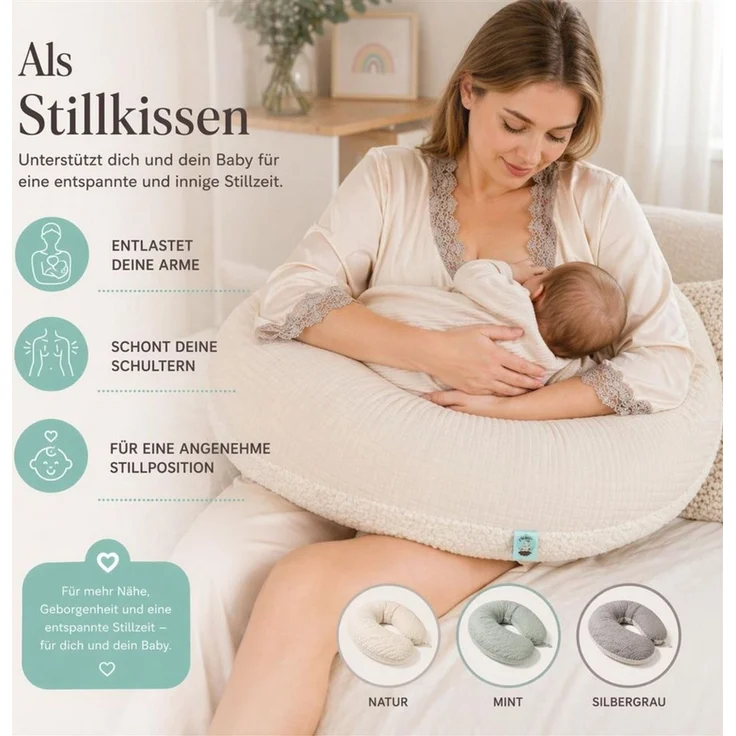 SEI Design Stillkissen XXL 190x35 cm Musselin EPS Mikroperlen Seitenschläferkissen GOTS Taupe, Schwangerschaftskissen mit Bezug, Schwangerschaftskissen mit Bezug – Bild 3