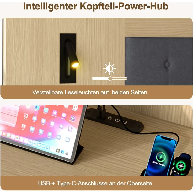 Merax Doppelbett 160*200cm, Stauraumbett, holzbett, Jugendbett, mit USB& Type-C-Ladestation und Leselampe, mit 2 Nachttische, heller Eichenfarbe – Bild 6
