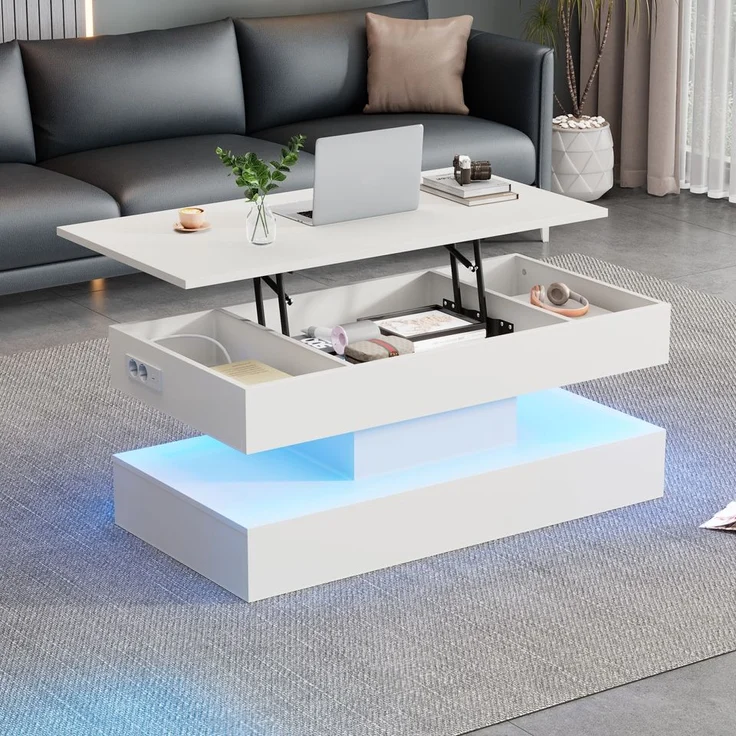 Couchtisch mit LED-Beleuchtung, Höhenverstellung & Steckdose 100x50x42 cm Weiß – Bild 2