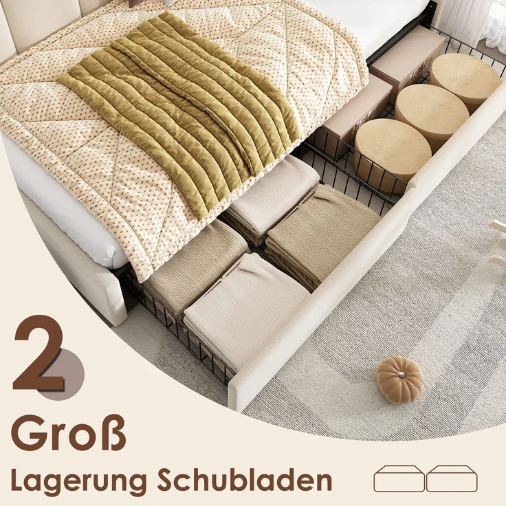 EINHOM Polsterbett Einzelbett mit Schubladen Stauraumbett Samt Daybett Tagesbett Schlafsofa 90 x 190 cm mit Lattenrost Jugendbett und Erwachsene Kinderbett, Beige (Ohne Matratze) – Bild 4