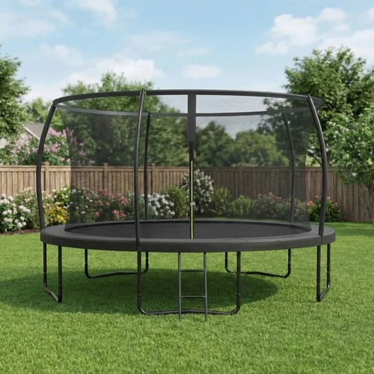 SONGMICS Trampolin 427 cm d, Gartentrampolin mit Sicherheitsnetz, 180 cm hohe Stangen, Randabdeckung, Leiter, schwarz – Bild 1