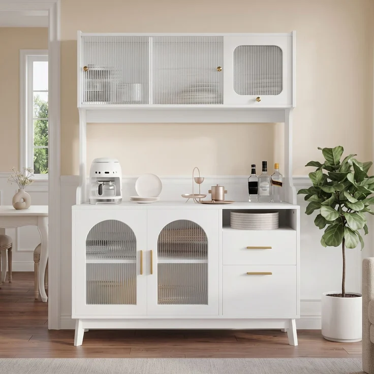 ZUBALIYA Buffetschrank 120 x 40 x 178 cm, mit Acrylglasfront, 2 Steckdosen, USB-A und USB-C, verstellbaren Einlegeböden, Weiß – Bild 4