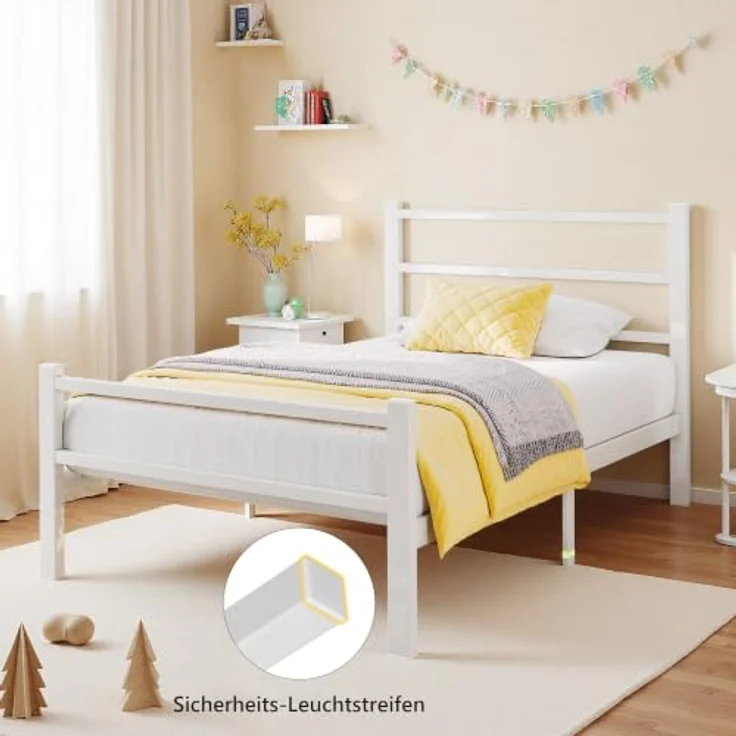 Feonase Einzelbettgestell aus Metall mit stilvollem Kopfteil und Fußteil, Einzelbettgestell, einfache Montage, reichlich Stauraum unter dem Bett (Weiß, 90x200 cm) – Bild 3