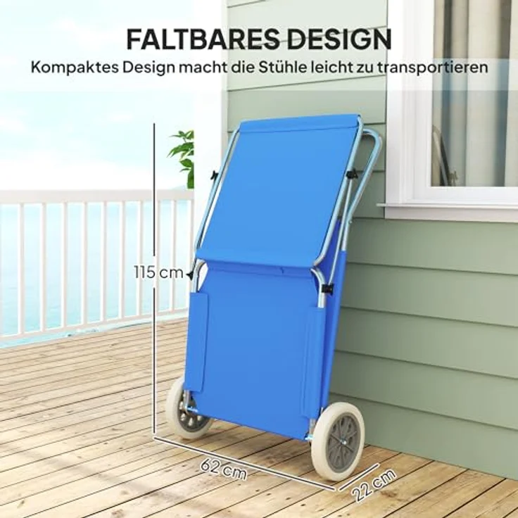 Outsunny 2er Set Sonnenliege, klappbare Gartenliege mit verstellbarem Kopfkissen und Sonnendach, blau, für Garten und Pool – Bild 3
