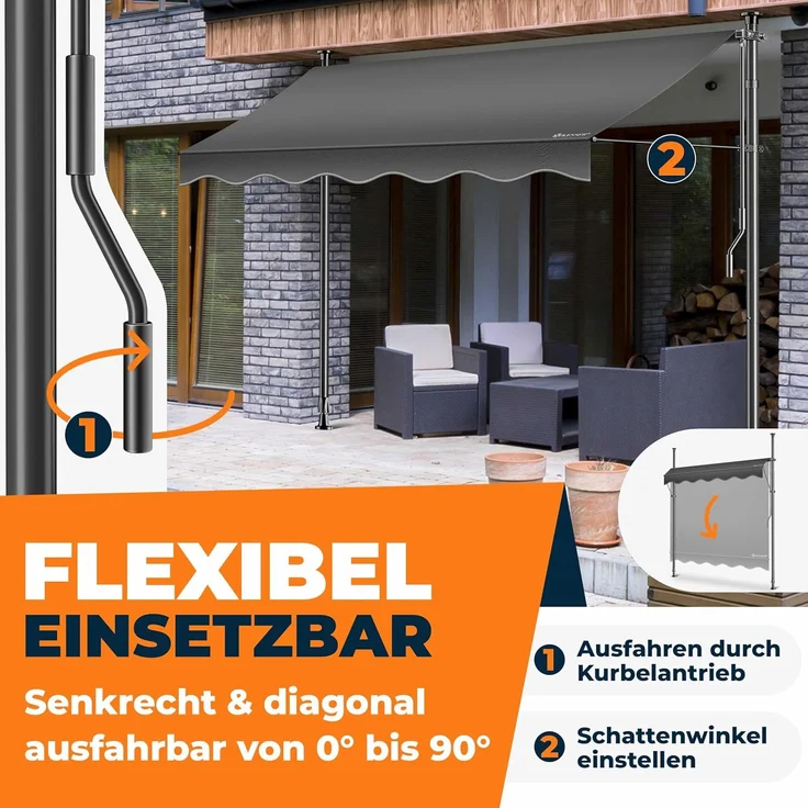 KESSER® Klemmmarkise mit Handkurbel & LED Lichterkette | Balkonmarkise ohne Bohren | Markise UV-beständig höhenverstellbar & wasserabweisend | Sonnenschutz für Balkon Terrasse & Garten Anthrazit, 350cm – Bild 2