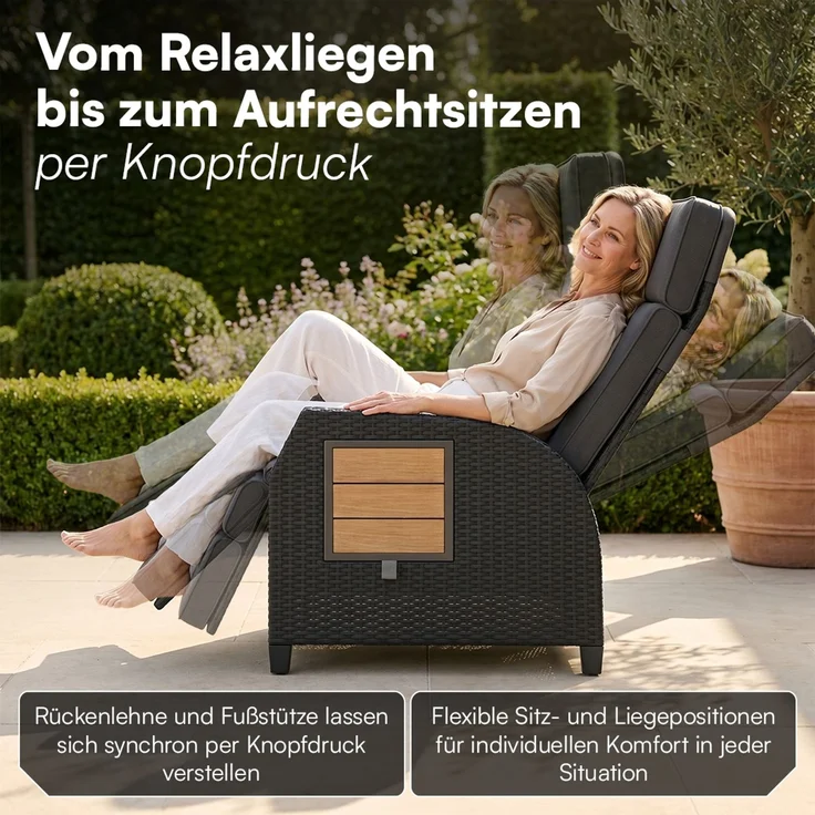 STEELSØN 'Caelum' Polyrattan Sessel mit Liegefunktion, schwarz/Akazie, verstellbare Rückenlehne, inkl. Polster, Ausklapptisch, wetterfest – Bild 2