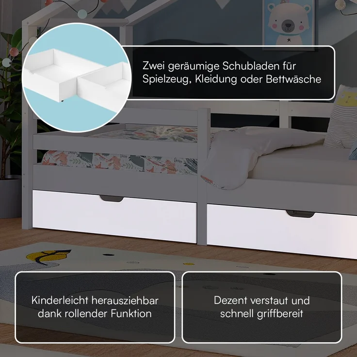 Bellabino 'Abia' Hausbett 90x200 cm mit 2 Schubladen, weiß, Kiefer Massivholz, Montessori Kinderbett mit Stauraum, inkl. Rausfallschutz und Lattenrost – Bild 8