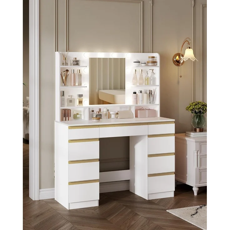Großer Schminktisch mit LED-Beleuchtung, 10 LED-Lichtkugeln, 3 Farben, einstellbare Helligkeit, Schminktisch mit Spiegel, 9 Schubladen, 9 offenen Ablagen, moderner Stil, Weiß-Gold – Bild 4