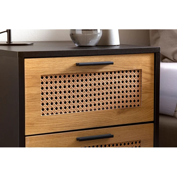 FineBuy Nachtkonsole Schwarz mit Wiener Geflecht 45x45x56 cm Nachttisch Zeitlos, Nachtkommode Boxspringbett mit Schubladen, Nachtkästchen mit Stauraum – Bild 4