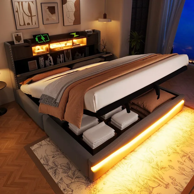 Polsterbett mit LED-Beleuchtung und Stauraum, 180x200 cm, USB/Type-C Anschlüsse, gepolsterter Kopfteil, Doppelbett, Stauraumbett, Leinen