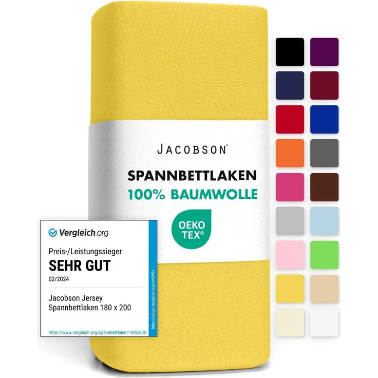 Jacobson Jersey Spannbettlaken Spannbetttuch Baumwolle Bettlaken (140x200-160x200 cm, Gelb) – Bild 1