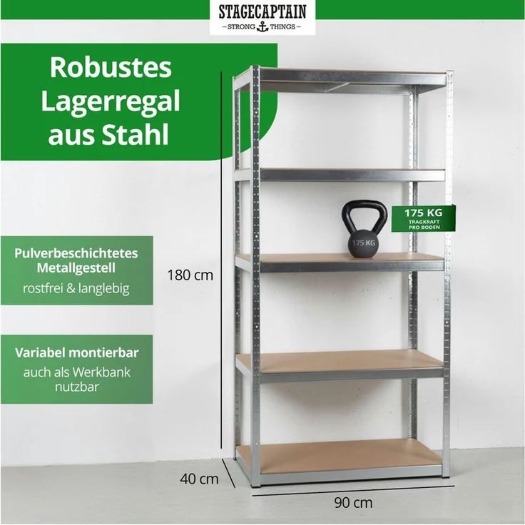 Stagecaptain Schwerlastregal Lagerregal - 5 variabel montierbare Böden - auch als Werkbank umbaubar, Tragkraft pro Boden: 175 kg, gesamt 875 kg