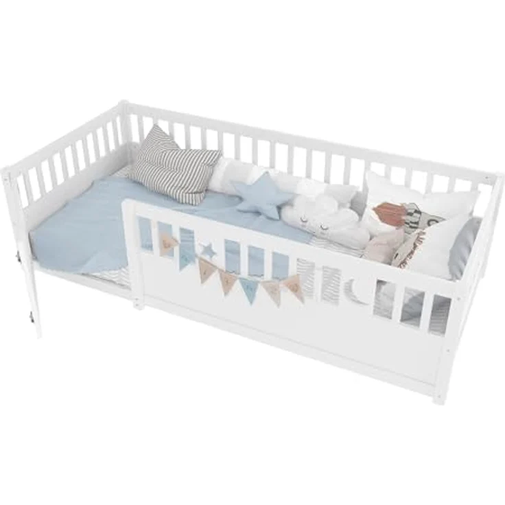 Ball & Cast Bodenbett (90x190 cm), Kids Bed und Jugendbett mit Stern- & Monddekoration, Kinderbett 90x200 mit rausfallschutz, ohne Lattenrost, Weiß – Bild 7
