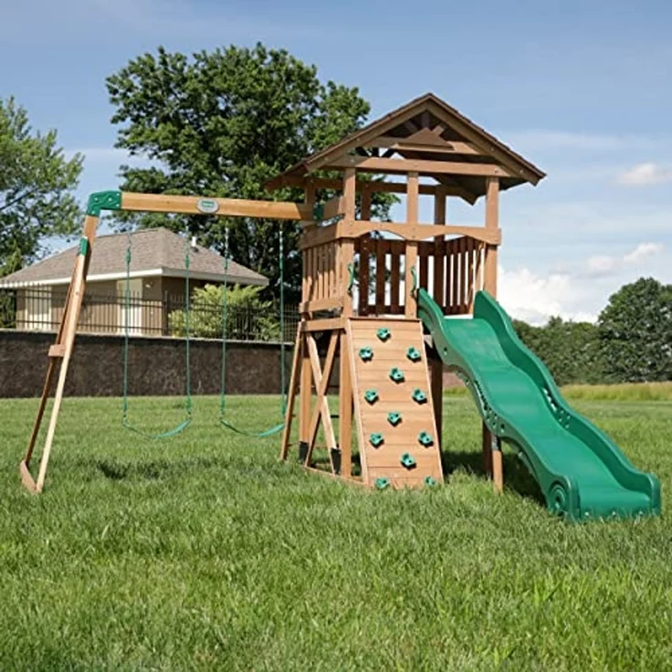 Backyard Discovery Spielturm Lightning Ridge aus Holz XXL-Kinderspielhaus mit Doppelschaukel/Rutsche/Kletterwand/Leiter/Sandkasten/Zubehör inklusive | Braun, grün | Holz | 380 cm – Bild 2