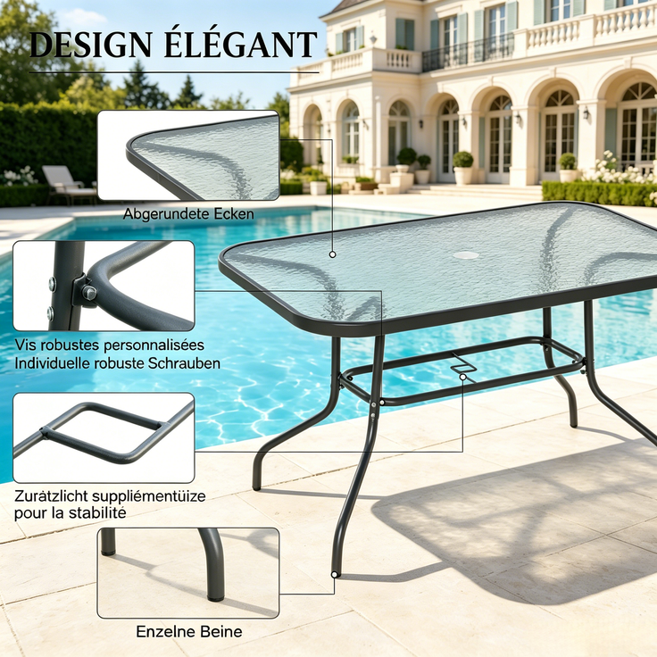 Esstisch 120x80x70 cm, rechteckig, mit Schirmloch, Metallgestell und gehärtetem Glas – Bild 6