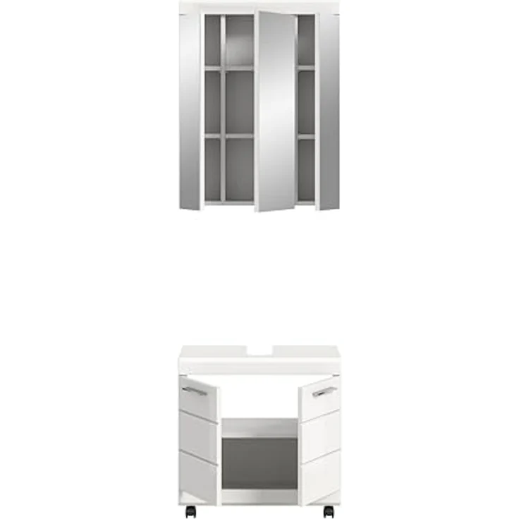 xonox. home – 2 TLG. Badkombination Scout 60x191x34 cm in Weiß Hochglanz – Mobiles Set aus Waschbeckenunterschrank & Spiegelschrank auf Rollen – Modernes Badezimmerset für Flexible Badorganisation – Bild 3