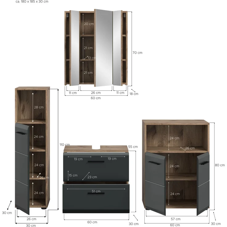 Badkombination (B/H/T: 180x185x30 cm) in schwarz matt und Nox Oak Nachbildung – Bild 4