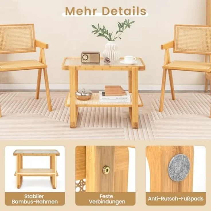 COSTWAY Beistelltisch, Couchtisch mit abnehmbarer Glasplatte und Rattanablage, Kaffeetisch mit Gestell aus Bambus, Nachttisch 70,5 x 44,5 x 54,5 cm – Bild 4