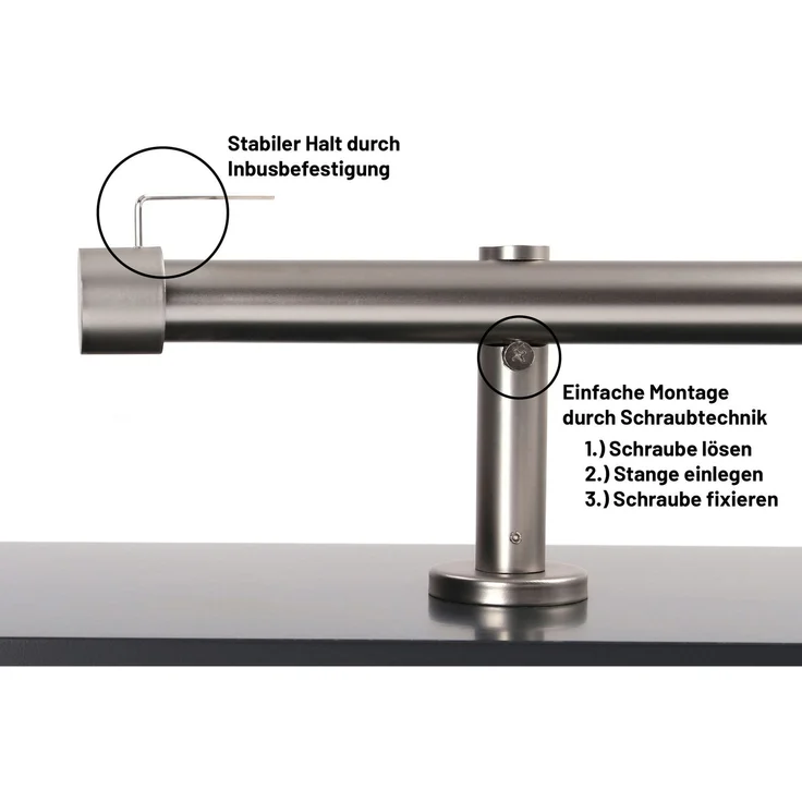 Deco-Raum® Gardinenstange 1-lauf 25mm Kappe | Länge: 150cm | Material: Metall | Farbe: Edelstahl-optik – Bild 3