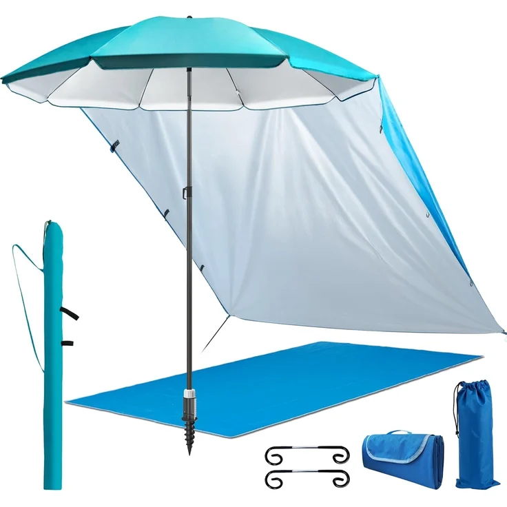4smile Sonnenschirm, 5er-Set, Ø 180 cm, Türkis, praktischer Sonnenschirm Strand, Stabiler Strandschirm, Schirmständer Erdspieß, Sonnensegel Strand, kompakte Stranddecke, Sonnenschirm Schutzhülle – Bild 1