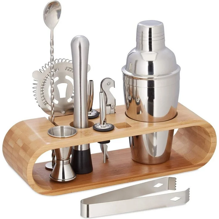 Rhein Beleuchtung Cocktail-Set Cocktail-Shaker Cocktail-Set mit Bambus-Ständer (10-teilig), (Set, 10-tlg, coktailshakerset, cocktail zubehör, bar zubehör), Langlebig, rostbeständig und leicht zu reinigen – Bild 1
