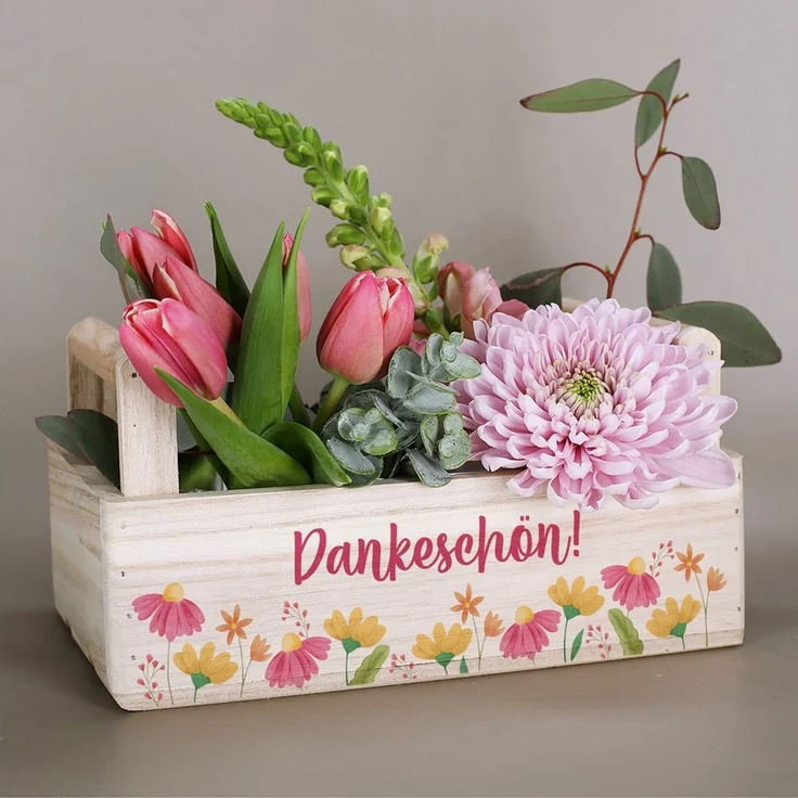 Herz & Heim Geschenkbox aus Holz - Geschenkkorb mit Blumen Motiv als Geschenkverpackung, mit Holzgriffen – Bild 3