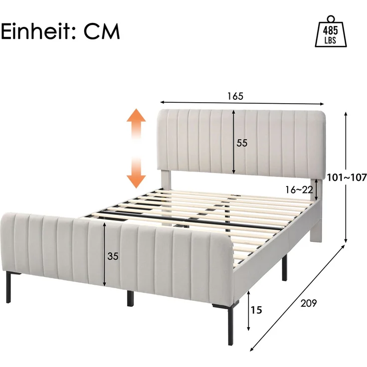 Polsterbett 160x200 cm, Leinen in Grau-Beige mit verstellbarem Kopfteil & Lattenrost, mit Matratze – Bild 4