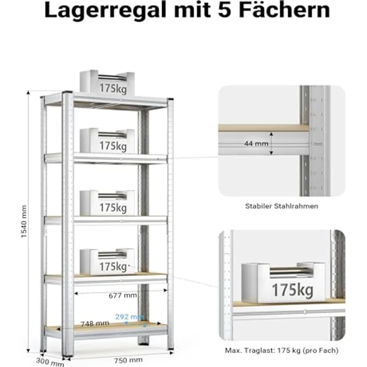 Wiltec Schwerlastregal 75x30x154cm, Gesamtlast 875kg, Steckregal verzinkt aus Stahl, Lastenregal mit 5 Ablagen, Werkstattregal – Bild 4