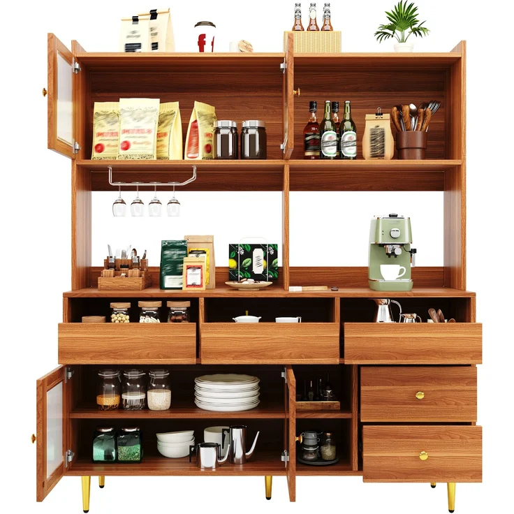 Restaurant-Hochschrank (145 x 39 x 171 cm), modernes und schlichtes Design, mit Changhong-Glastür, Weinglasregal, mehrschichtigem Stauraum, Holzstruktur und Golddekoration, geeignet für Restaurants--Walnussbraun--145x39x171cm--YOUDENOVA – Bild 5