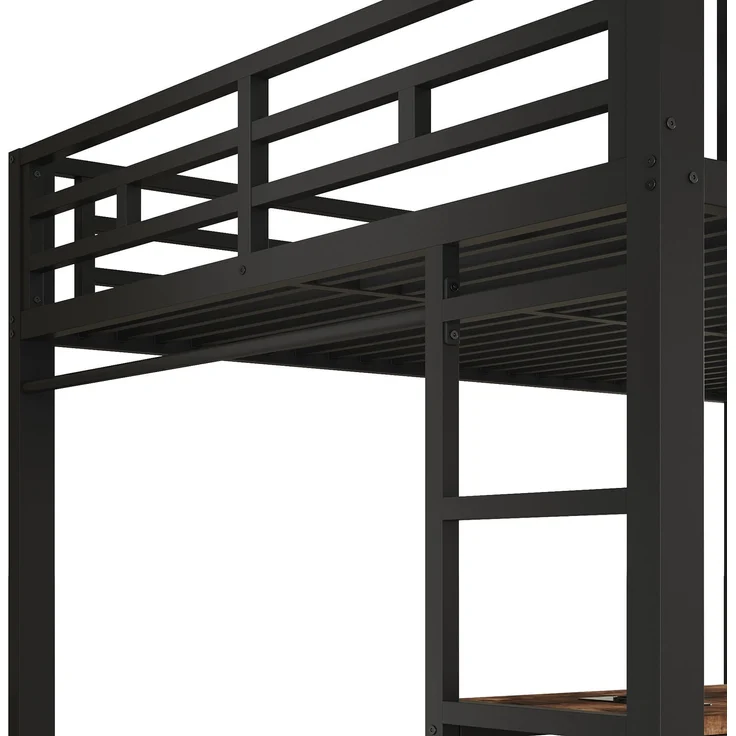 EINHOM Metallbett 140 x 200 / 90 x 200 cm in Schwarz, Etagenbett mit Schreibtisch, Kleiderstange, Beidseitiger Leiter und Integrierter Ladestation (Ohne Matratze) – Bild 7