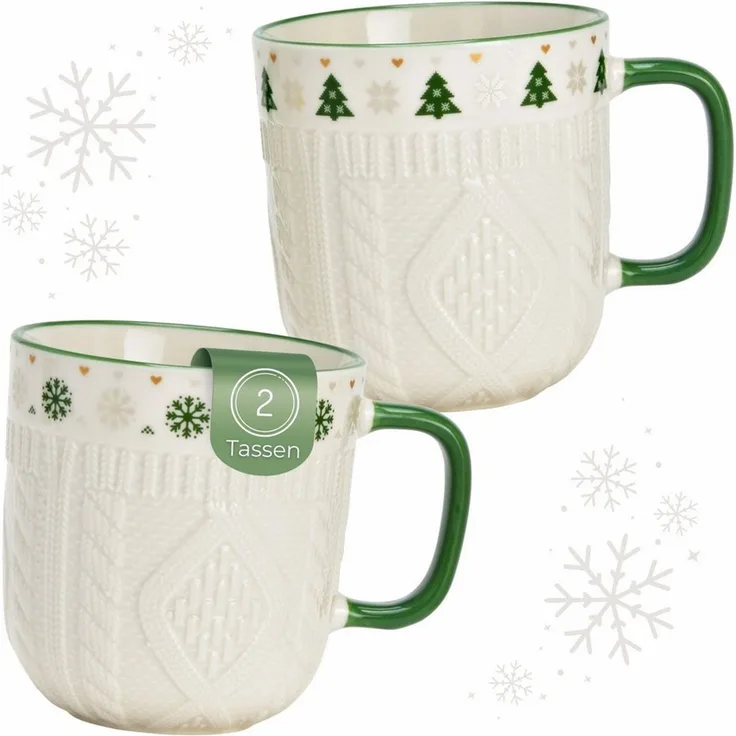 matches21 HOME & HOBBY Tasse Kaffeetassen 2er Set in Weiß mit Winter Strick Design, 2-tlg, Porzellan, Weihnachts-Tassen aus feinem Porzellan 345 ml