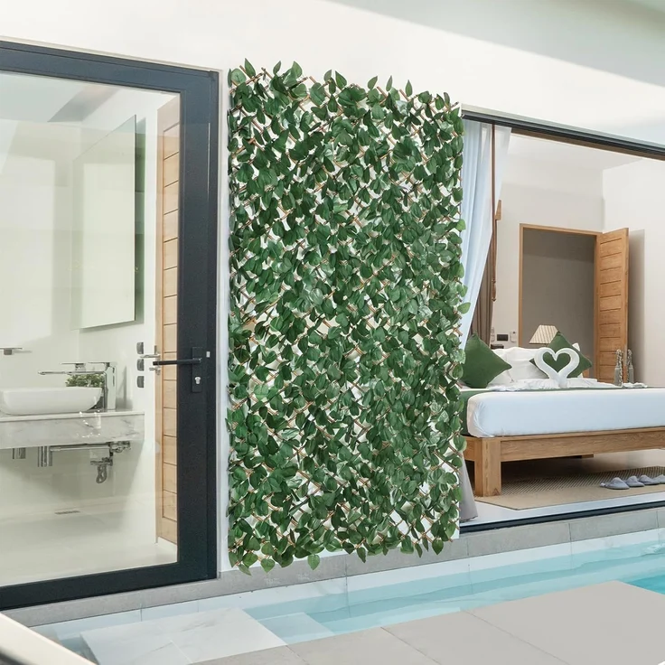 Erweiterbarer Gitterzaun aus Weide mit künstlichem Blattwerk aus Apfelblätter – 100x200cm flexibel ausziehbar – Sichtschutz und Dekoration für Wohnzimmer, Garten, Balkon und Terrasse – Bild 2