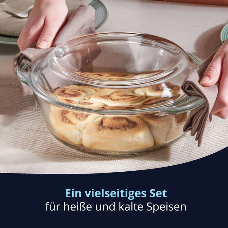 KHG Auflaufformen aus Glas mit Deckel 2 Liter Rund für kalte & warme Speisen, spülmaschinenfest, mikrowellengeeignet, Glasbräter Glasform Backform, 26x11x23 cm – Bild 5