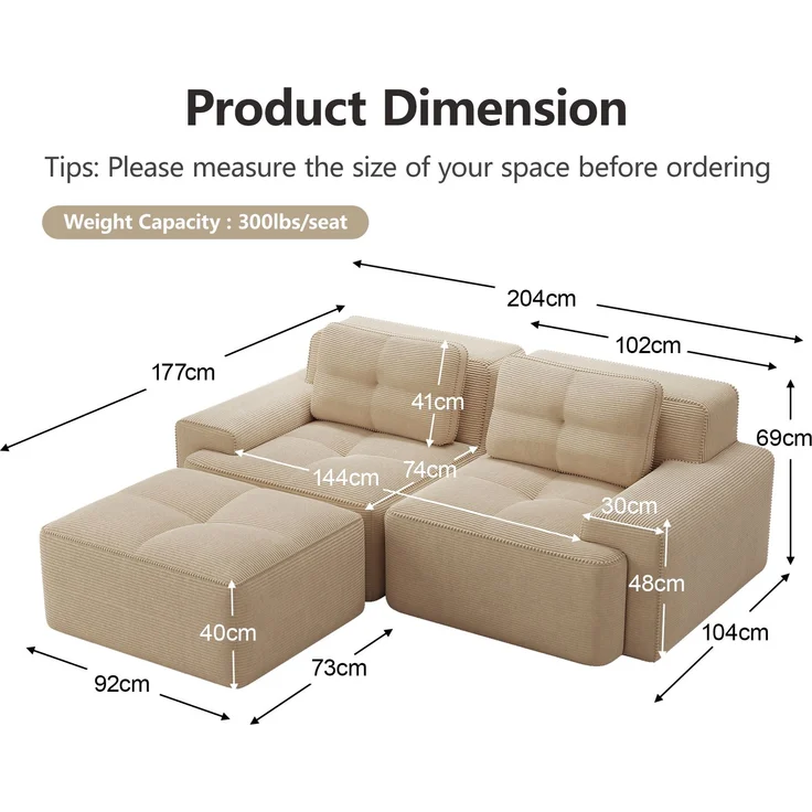 Boneless Modulsofa,Modernes L-förmiges Modulsofa für Wohnzimmer mit Tiefem Sitz bequemes Corduroy-Cloud-Sofa mit Ottoman Getuftetes Zweisitzer-Schlafsofa,Corduroy,Beige, – Bild 7