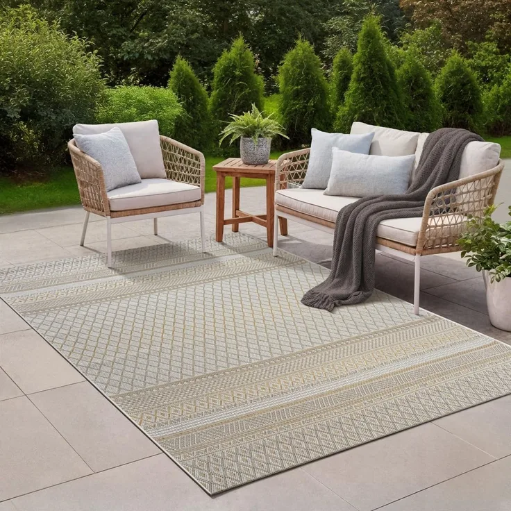 the carpet Calgary - robuster Outdoor Teppich, Flachgewebe, modernes Design, ideal für Küche und Esszimmer, Vintage-Optik, Boho-Style, auch für den Außenbereich, Beige Gelb, 200x280 cm