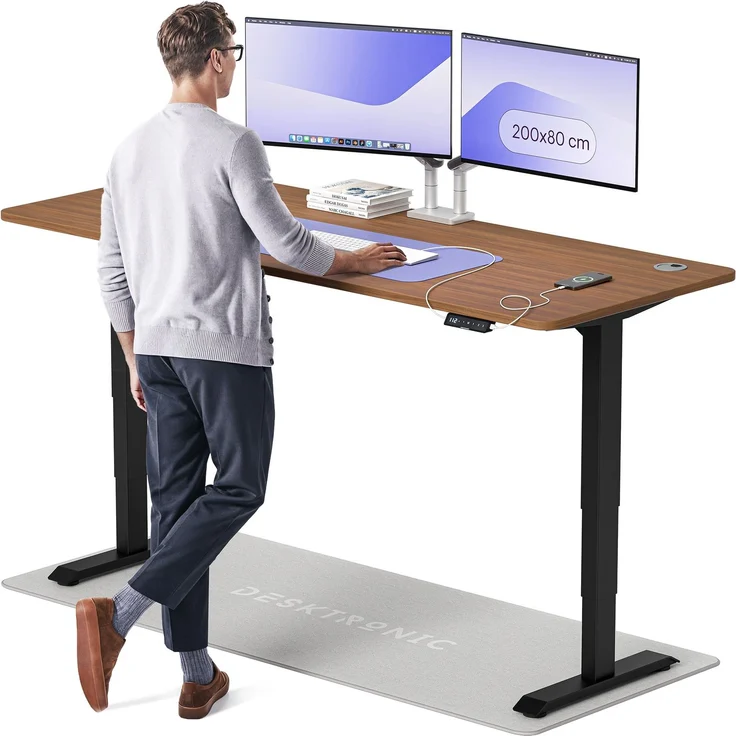 Desktronic HomePro Elektrisch höhenverstellbarer Schreibtisch 200x80cm Schwarz/Walnuss mit Memory-Funktion, Anti-Kollisions Technologie, USB-A und USB-C-Ladeanschlüssen – Bild 1