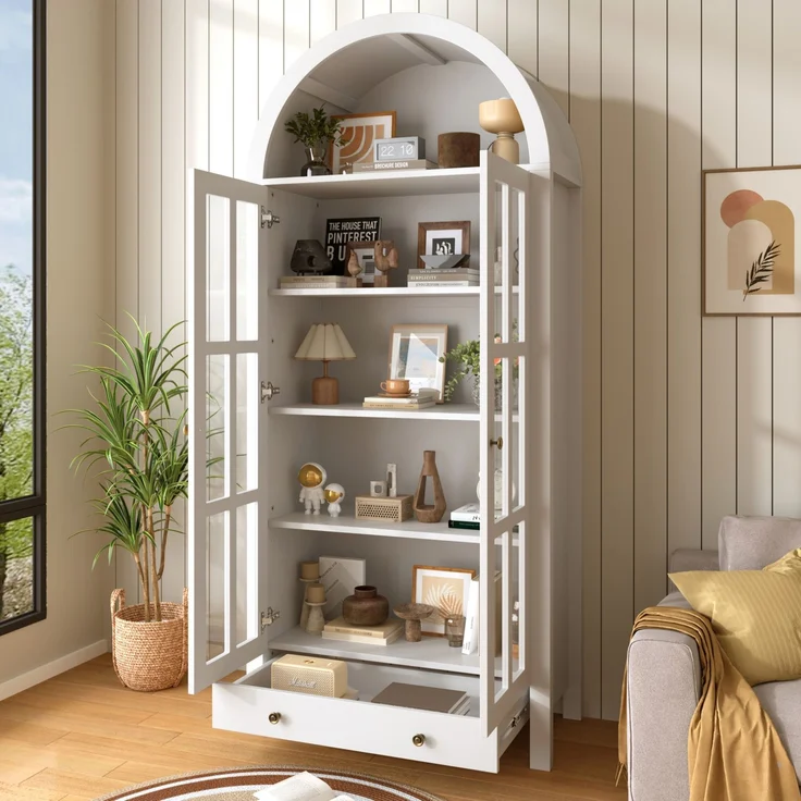Standvitrine aus MDF mit Acryl-Türen & Schublade, 75x35x170,5 cm, Weiß – Bild 1