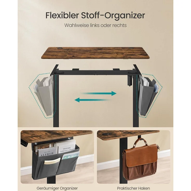 Songmics Schreibtisch mit Stoff-Organizer, elektrisch höhenverstellbar, Memory-Funktion für 4 Höhen, Holz vintagebraun, 60x110 x (72-120) cm – Bild 6