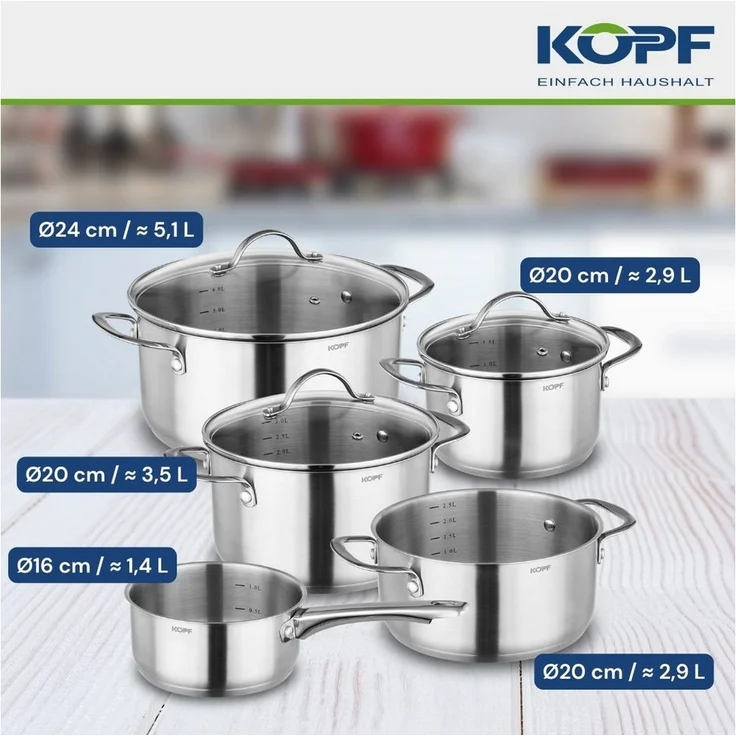 Kopf Topf-Set Clara, Edelstahl (Set, 8-tlg, 4 Kochtöpfe (16,20,20,24cm), 1 Stielkasserolle (16cm), 3 Glasdeckel), Kochtopfset, Töpfe Induktion, Spülmaschinengeeignet, Backofenfest – Bild 2
