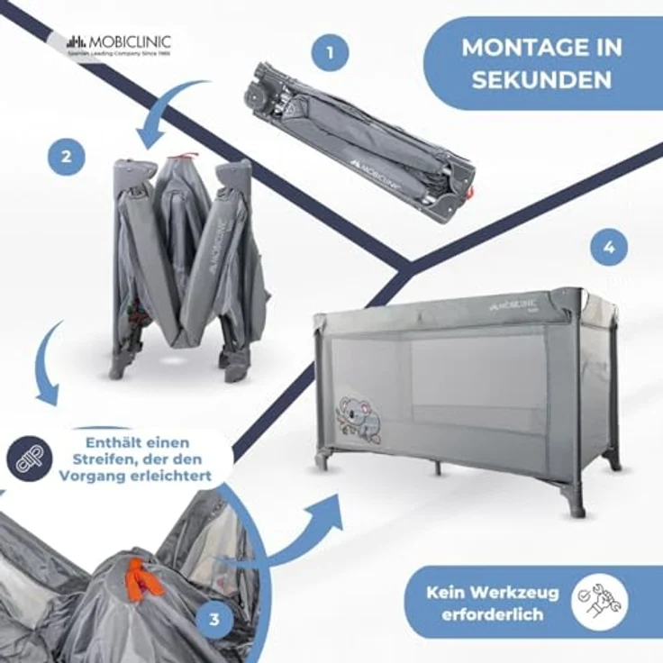 Mobiclinic®, Reisebett, Tragetasche, 2 in 1, Ultrakompakt faltbar, Herausnehmbare matratze, Mofli, Bis zu 15kg, Atmungsaktives gewebe, Seiteneingang mit reißverschluss, Baby laufstall (grau) – Bild 7