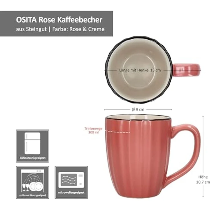 MÄSER Tasse Mäser OSITA Rose Weiß 6x Kaffeebecher 300ml rosa Steingut-Tassen, Steingut – Bild 6
