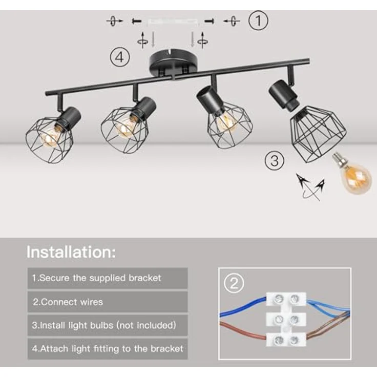 Dehobo Led Deckenstrahler Schwenkbar 350° - Deckenleuchte E14 4 Flammig Rund - Deckenlampe Spots Led Schwarz - Küchenlampe Wohnzimmerlampe Deckenspot Schlafzimmer – Bild 5