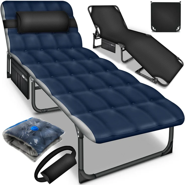 tillvex® Campingbett, mit Tragetasche, Polster & Nackenkissen, klappbar, Gestepptes Material, Oxford-Gewebe, Navyblau, 190 x 68 x 32 cm – Bild 6