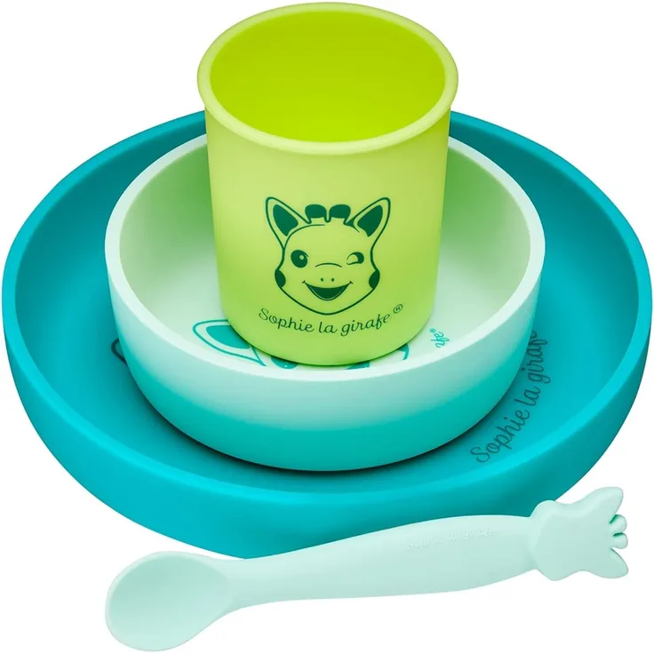 Sophie la Girafe - Speise-Set Sopie la Girage aus Silikon – 1 Teller, 1 Schüssel, 1 Glas und ein Löffel, spülmaschinenfest und mikrowellengeeignet