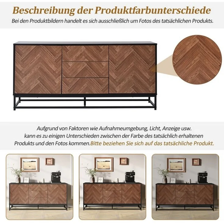 Merax Sideboard mit Kippschutz, verstellbaren Böden & Füßen (Anrichte in Holzoptik und Schwarz, 1 St, 145×40×67 cm), Kommode mit 3 Schubladen, 2 Türen & Metallrahme – Bild 4